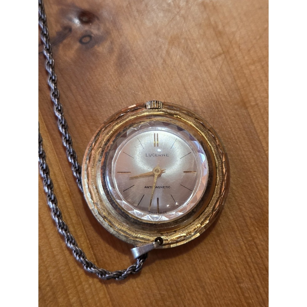Lucerno Swiss Made Wind Up Gold Tone Watch Pendant WORKING 925 Silver Chain